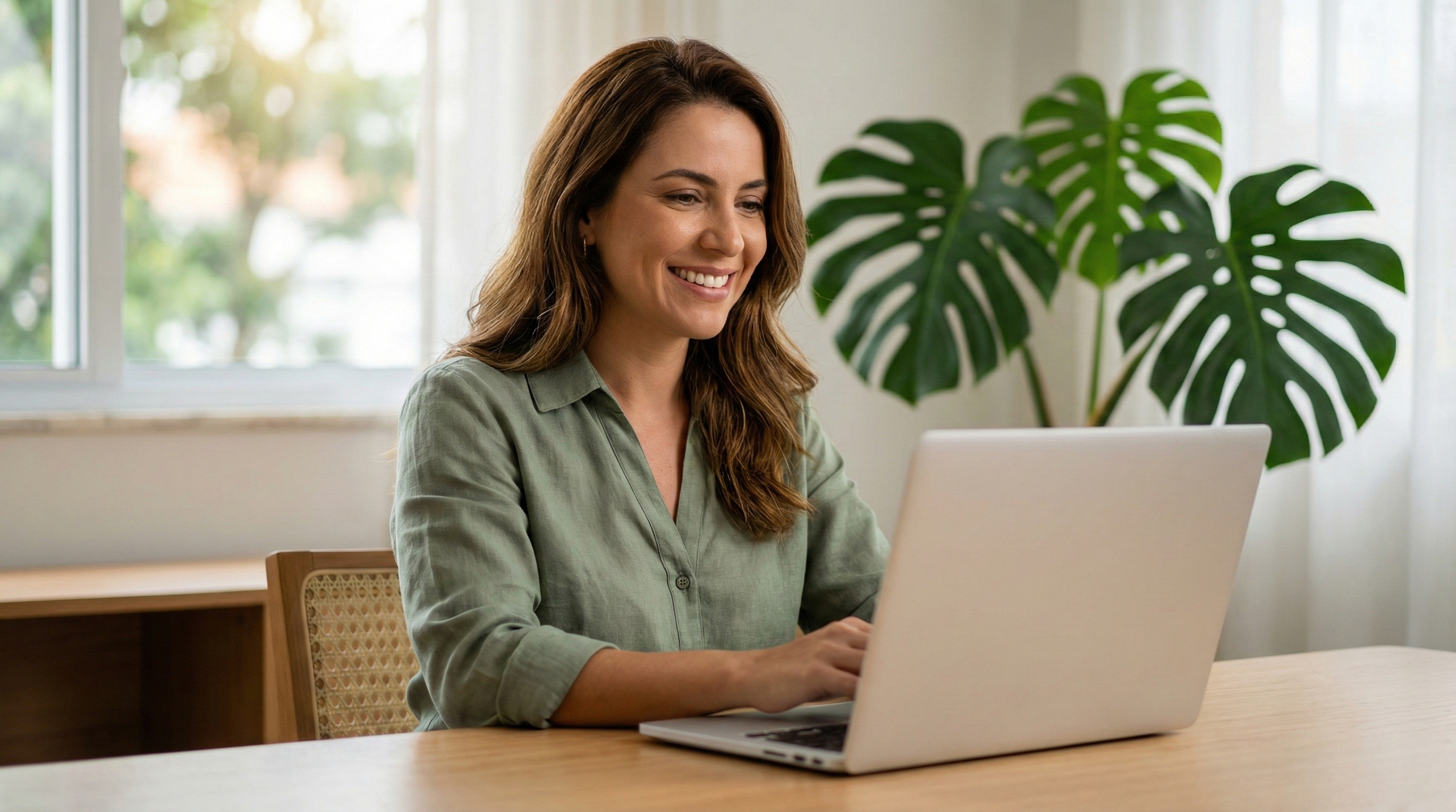 Terapeuta digital sorrindo ao usar laptop em consultório moderno